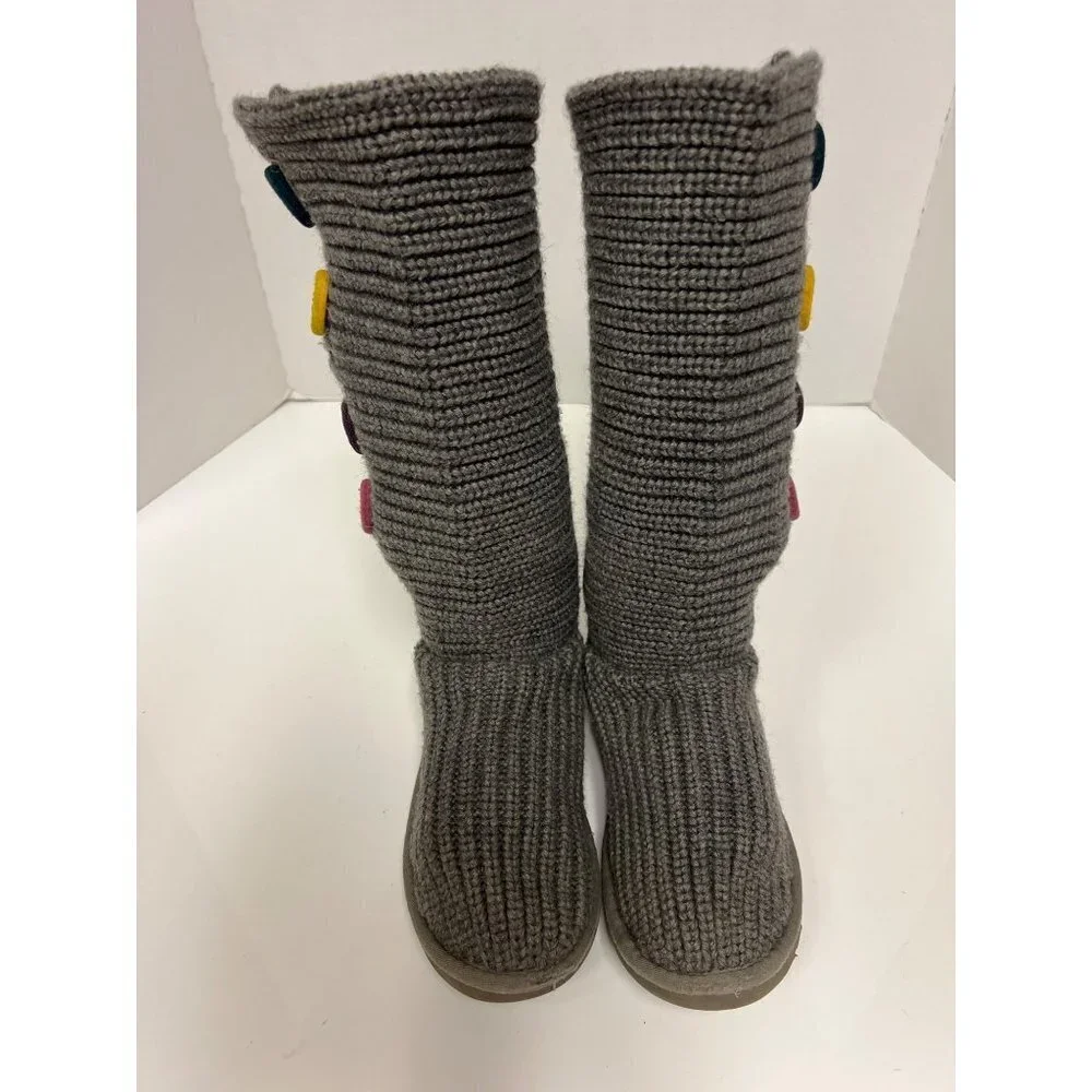 UGG Cardy Grey Knit Tall Boot Colored Button Girls Size 4